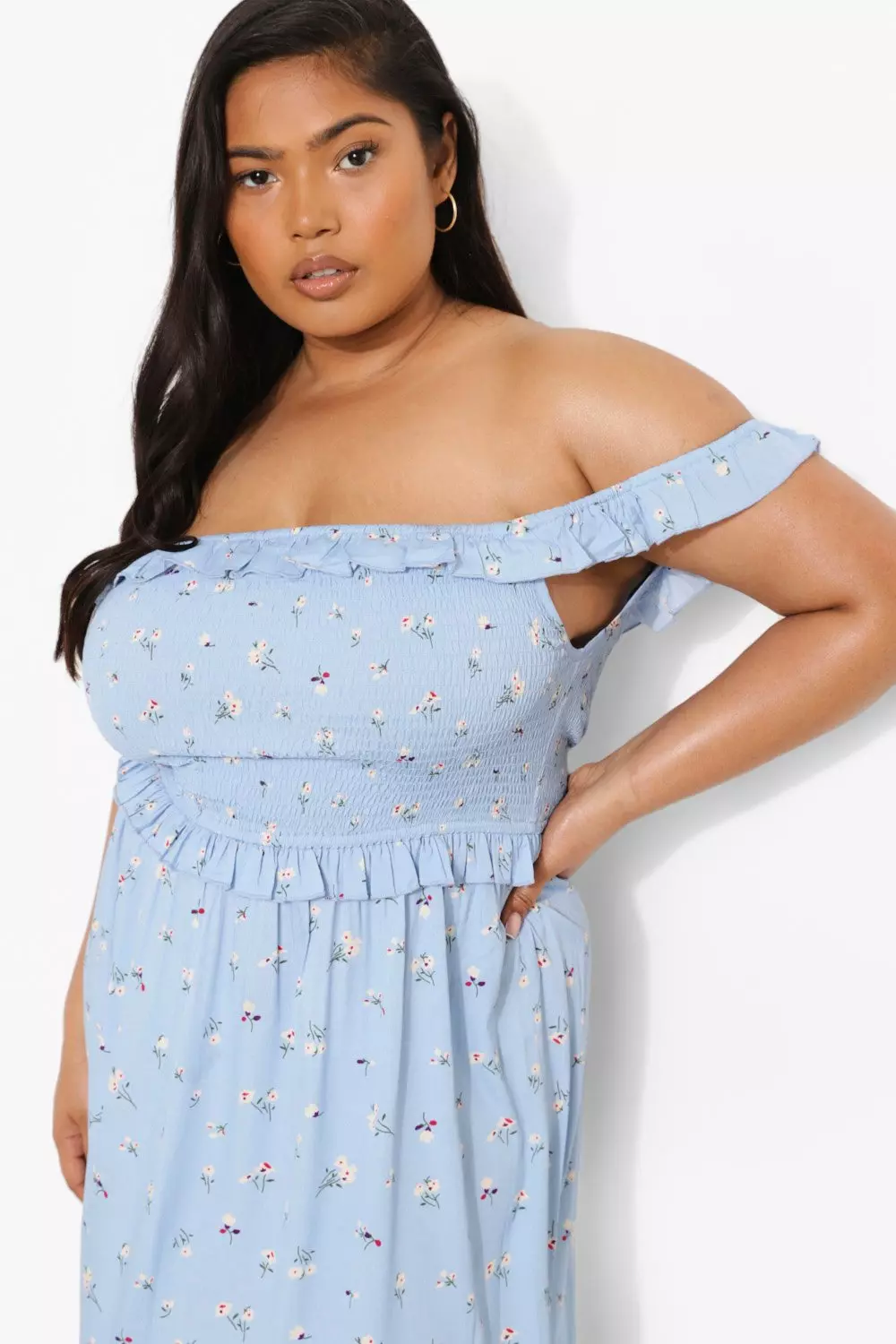 Dusty blue bardot on sale dress